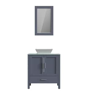 30 in. W x 18 in. D x 36 in. H Single Sink Freestanding Bath Vanity in Gray with Green Tempered Glass Top and Mirror