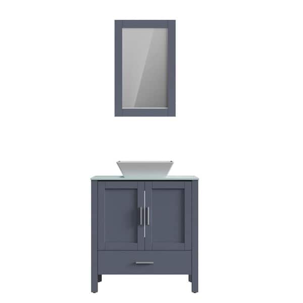 Unbranded 30 in. W x 18 in. D x 36 in. H Single Sink Freestanding Bath Vanity in Gray with Green Tempered Glass Top and Mirror