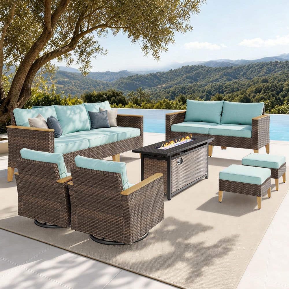 Brown Rattan Wicker 9-Seat 10-Piece Steel Outdoor Fire Pit Patio Set with Blue Cushions,2 Swivel Sofas and 2 Ottomans price history on PriceWatchPro