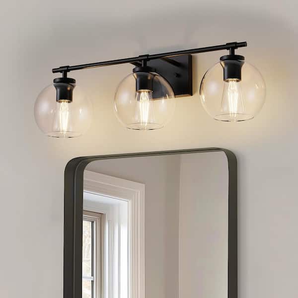 25 in. 3-Light Black Vanity Light with Clear Globe Glass Shades for Bathroom, Mirror, Entryway