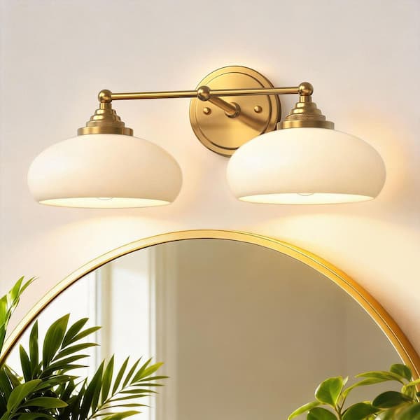 18 in. 2-Light Gold Vintage Vanity Light, Double Arm Wall Sconce with Milk White Glass Shade for Bathroom Living Room