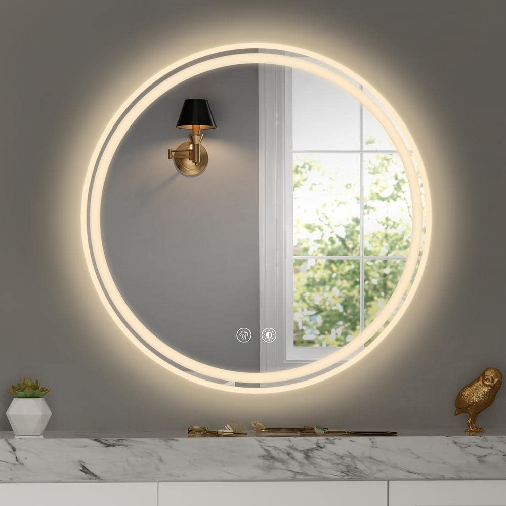 28 in. W x 28 in. H Round Frameless Wall Mirror, LED Light with 3-Color and