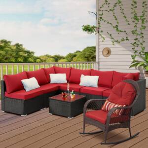 8-Piece Aluminum Patio Conversation Set with Table and Orange Cushions