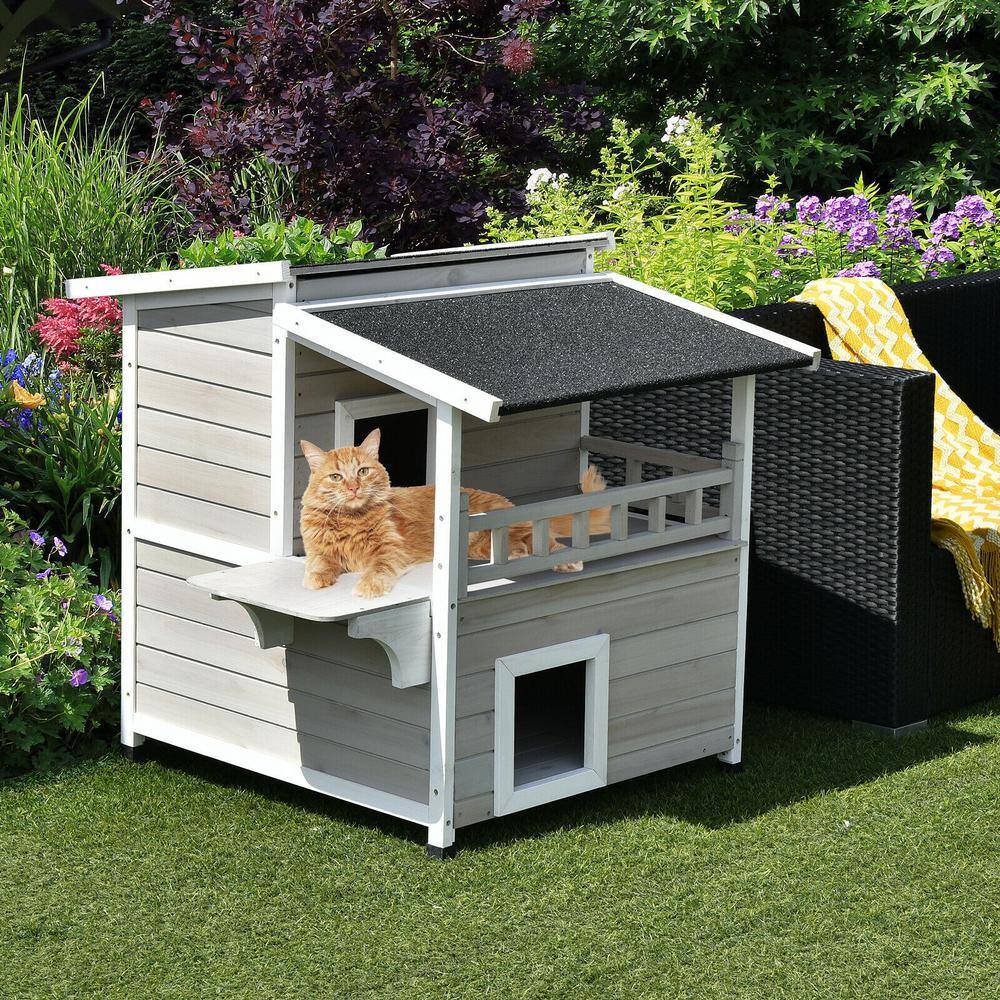 Gray and White 2-Story Wooden Outdoor Cat House with Balcony