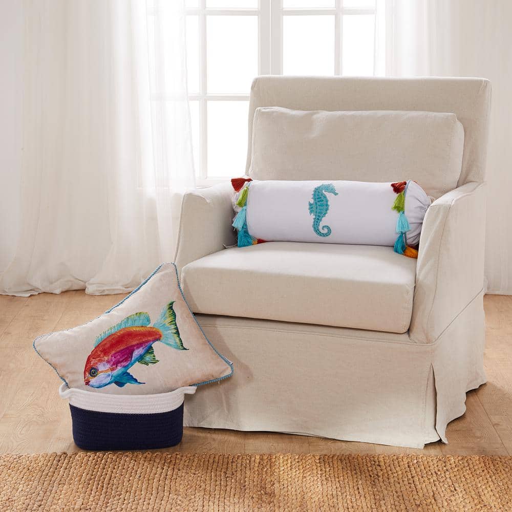 Teal and Cream Embroidered Seahorse Cylinder Throw Pillow
