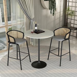 Round 36 in. Bar Height Dining Table with MDF Top & Black Stainless Steel Pedestal Base Verve Series, Light Natural Wood