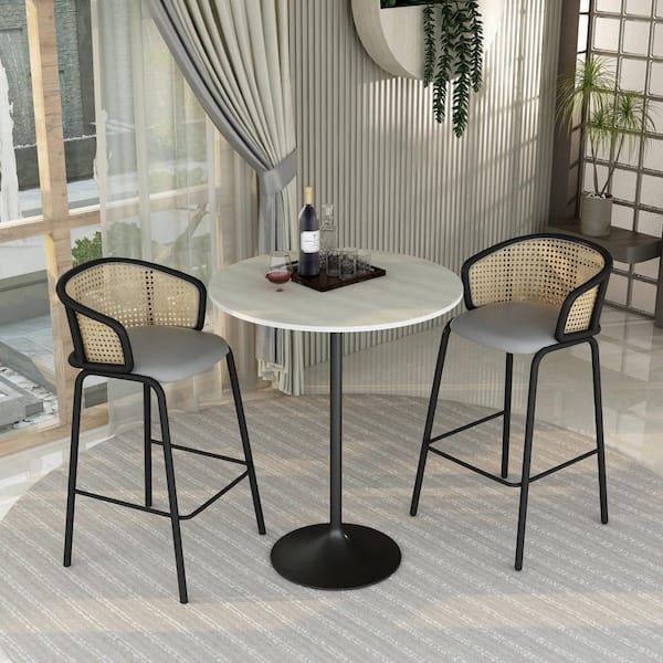 Leisuremod Round 36 in. Bar Height Dining Table with MDF Top & Black Stainless Steel Pedestal Base Verve Series, Light Natural Wood