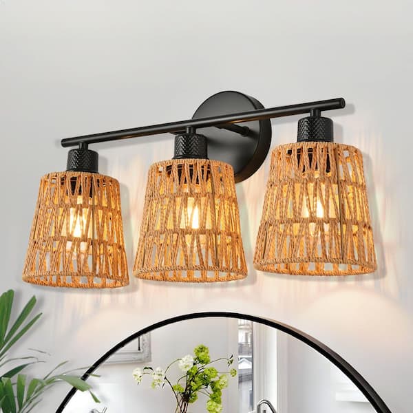 Henveton Nafissa 19.29 in. 3 Light Brown Vanity Light with Cone Rattan Shade, Farmhouse Boho Over Mirror Lights for Bathroom