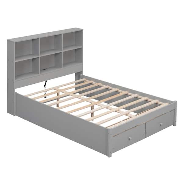 Nestfair Gray Wood Frame Full Size Platform Bed with Storage Headboard, Charging Station and 2-Drawers