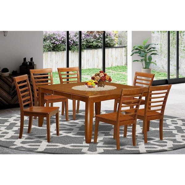 East West Furniture 7-Piece Square Saddle Brown Finish Solid Wood Top Dining Table with 6-Chairs with Lattice Back