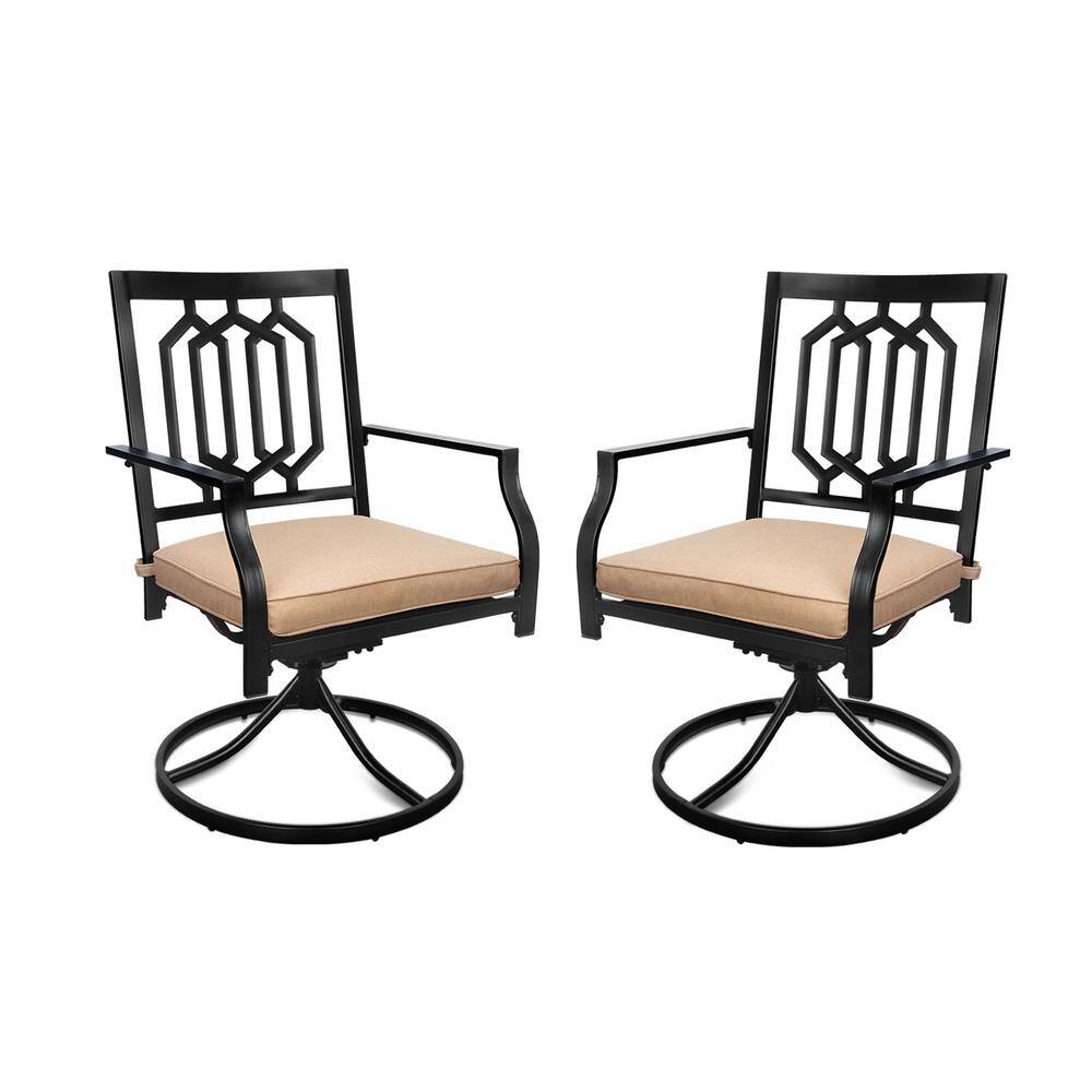 360-Degree Rotation Black Metal Outdoor Rocking Chair with Beige Cushion (2