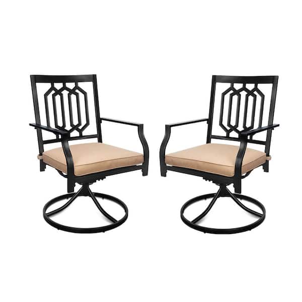 Unbranded 360-Degree Rotation Black Metal Outdoor Rocking Chair with Beige Cushion (2-Pack)