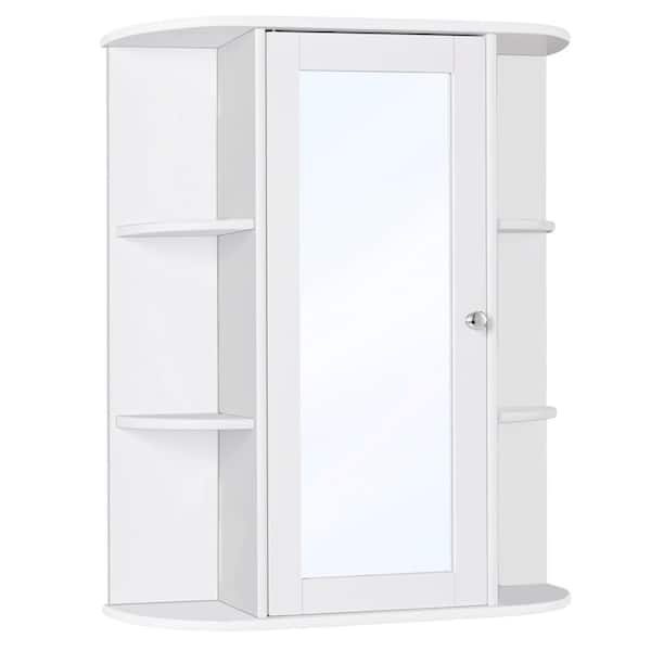 ANGELES HOME 23.5 in. W x 6.5 in. D x 28 in. H White MDF Bathroom Single Door Shelves Storage Wall Cabinet with Mirror