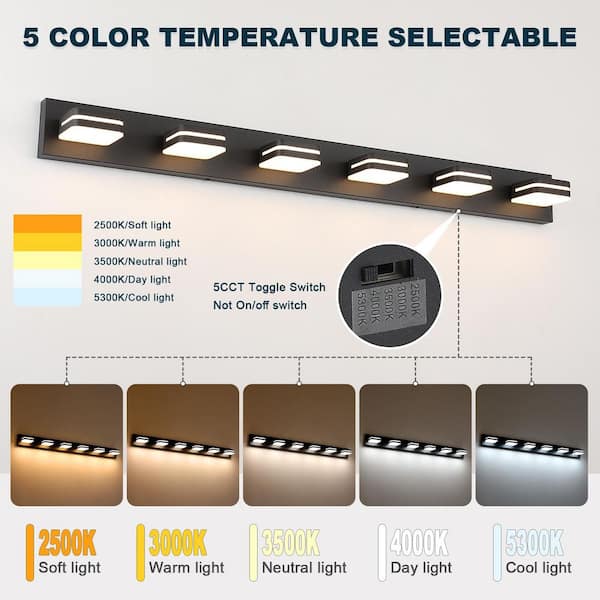 47.24 in. 6-Light Black Bathroom LED Vanity Light with 5-CCT Adjustable Switch and Acrylic Lampshade