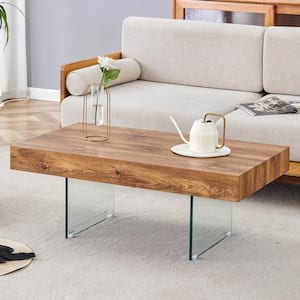 39.3 in. Natural Wood, Transparent Rectangle MDF Coffee Table with Tempered Glass Legs