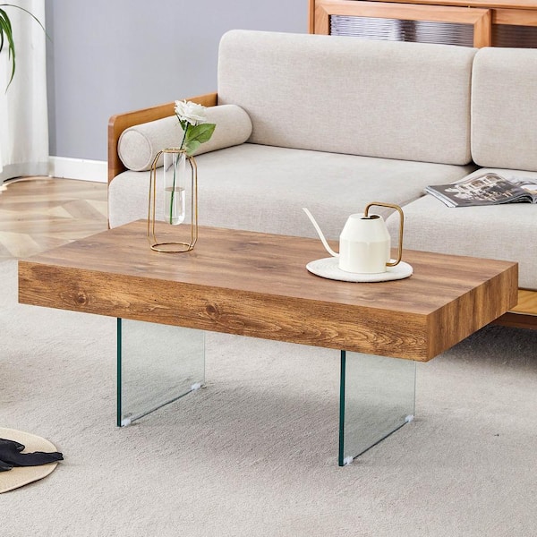 Polibi 39.3 in. Natural Wood, Transparent Rectangle MDF Coffee Table with Tempered Glass Legs