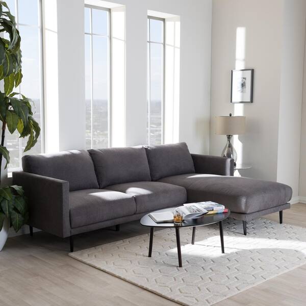 Baxton Studio Riley 2-Piece Gray Fabric 6-Seater L-Shaped Right-Facing Chaise Sectional Sofa with Tapered Wood Legs