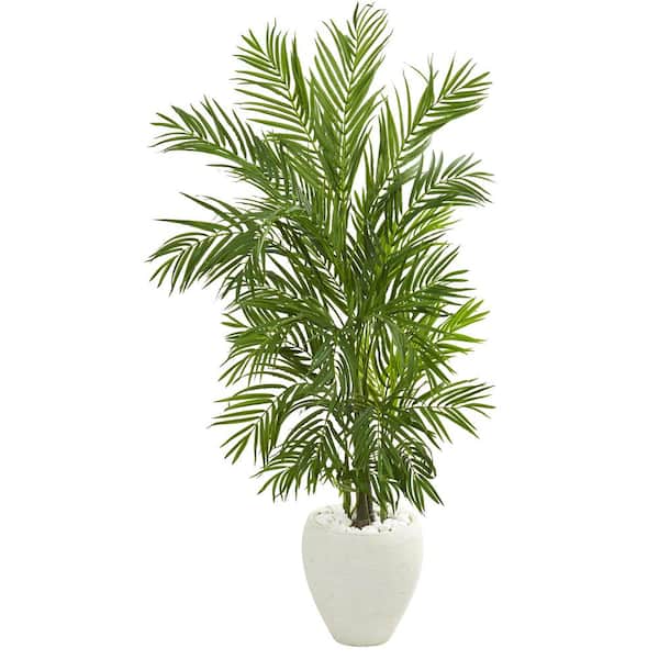 Nearly Natural Indoor 5 ft. Areca Palm Artificial Tree in White Planter