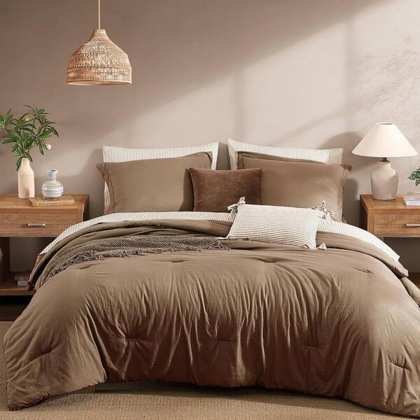 7-Piece Queen Brown Striped All Season Bed in a Bag Comforter Set