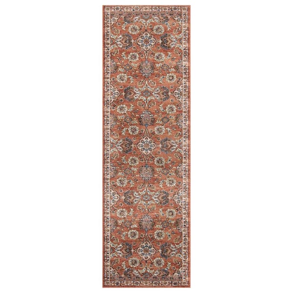 Amer Rugs Jordan 2 ft. 7 in. x 10 in. Orange Floral Pattern Runner Rug for High Traffic Entryway Kitchen Hallway
