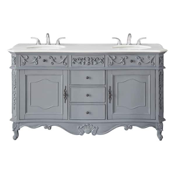 Winslow 60 in. Double Sink Freestanding Antique Gray Bath Vanity with White Marble Top (Assembled)