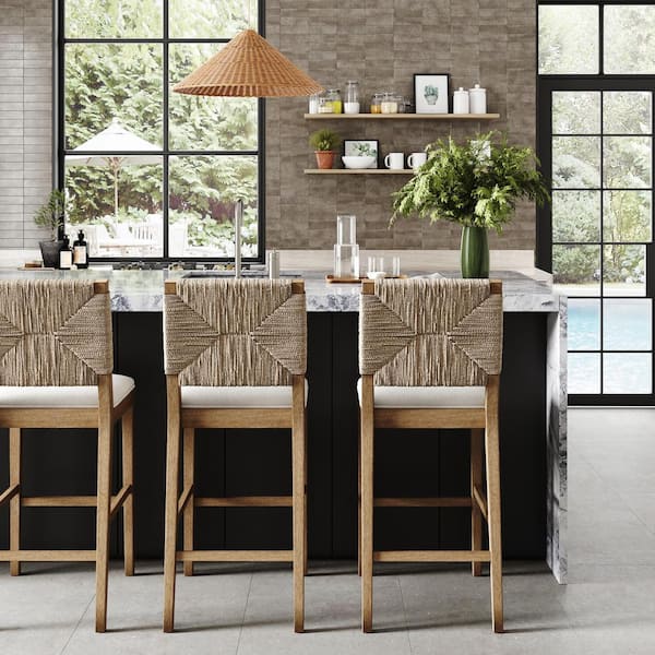 Beacon 29 in. Bohemian Boucle Upholstered Wood Bar Height Bar Stool w/Woven Back, Cream Boucle/Light Brown, Set of 3