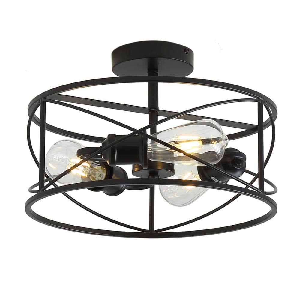 Modern 14.17 in. 3-Light Farmhouse Drum Semi-Flush Mount Cage Pendant Light