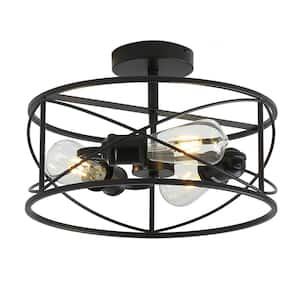 Modern 14.17 in. 3-Light Farmhouse Drum Semi- Flush Mount Cage Pendant Lighting