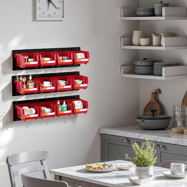 Wall Mounted Storage Bins, 12 Plastic Bins and 3 Metal Rails, Stackable Organizer for Screws, Nuts, Bolts, Nails, Garage