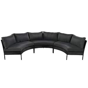 Black 3-Pieces. Metal Outdoor Sectional Set with Gray Cushions All Weather Curved Rattan Conversation Set