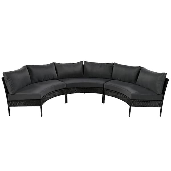 ITOPFOX Black 3-Pieces. Metal Outdoor Sectional Set with Gray Cushions All Weather Curved Rattan Conversation Set