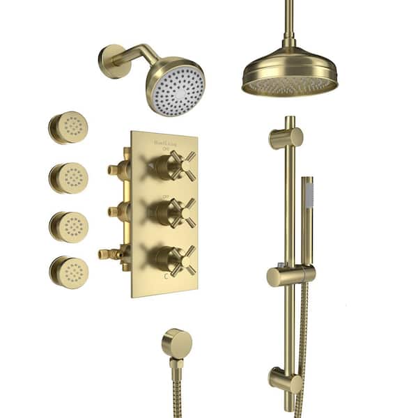 Boyel Living 1-Spray Patterns with 2.5 GPM 8 in. Wall Mount Dual Shower Heads, Hand Shower and 4 Body Sprays in Brushed Gold