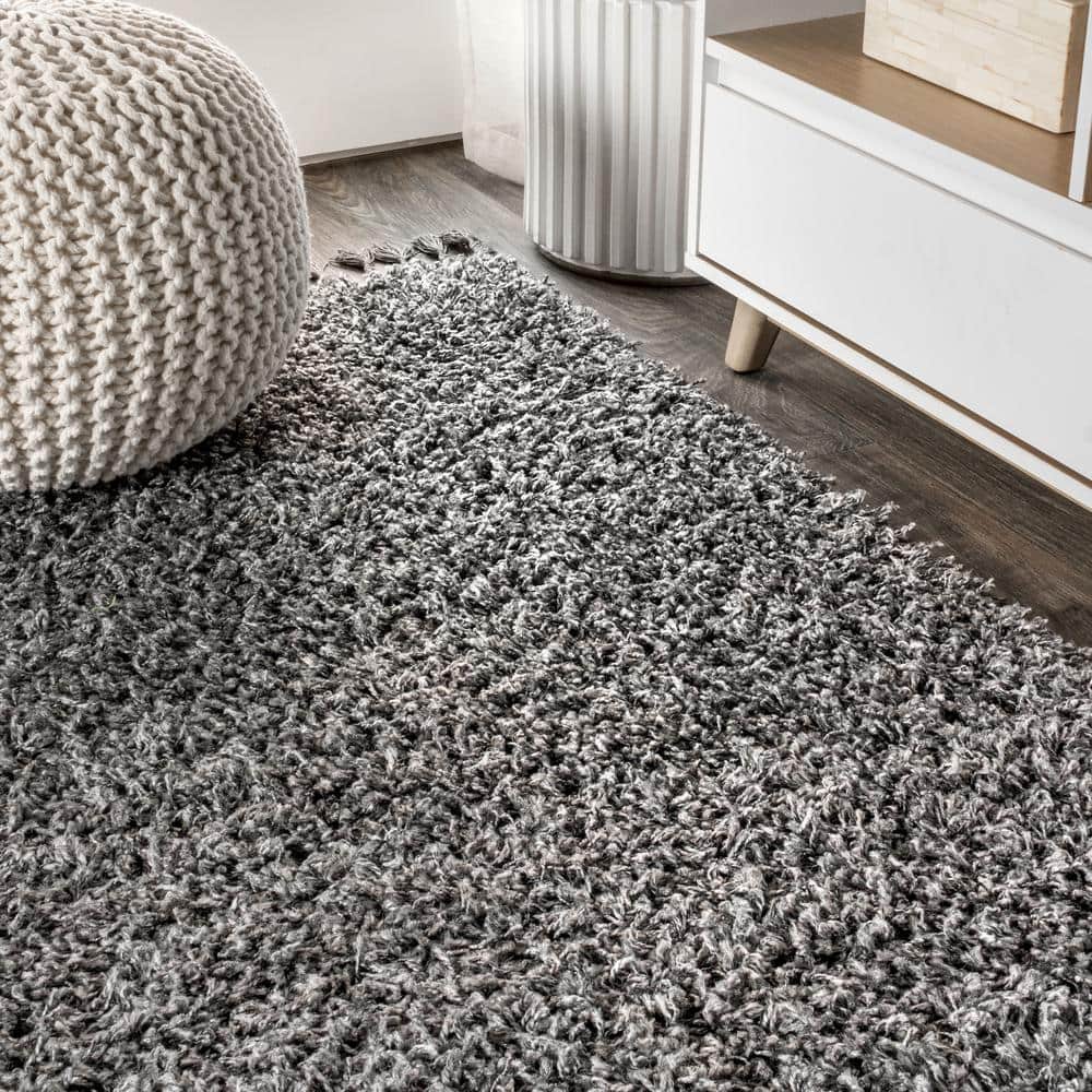 Charcoal Reversible Rectangular Shag Area Rug with Tassels