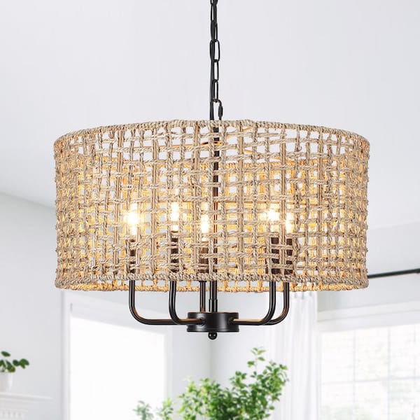 18.89 in. 5-Light Black Bohemian Pendant Design Drum Chandelier with Natural Rattan Shade and No Bulbs Included