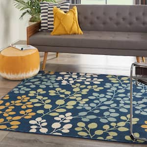 Caribbean Navy 5 ft. x 5 ft. Square Floral Contemporary Indoor/Outdoor Patio Area Rug