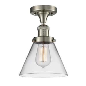 Cone 7.75 in. 1-Light Brushed Satin Nickel Semi-Flush Mount with Clear Glass Shade