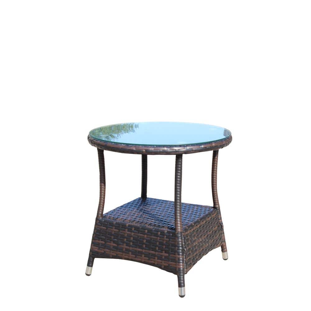 Outdoor Wicker Side Table, Patio Furniture Coffee Table with Clear Tempered