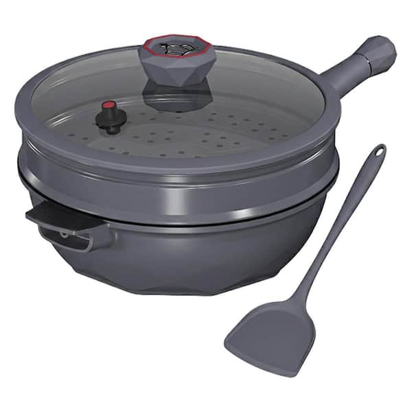 Nonstick Deep Frying Pan 5 Quart Charcoal Finish Titanium Coating Steamer Basket Lid Oven Safe All Stovetop Compatible