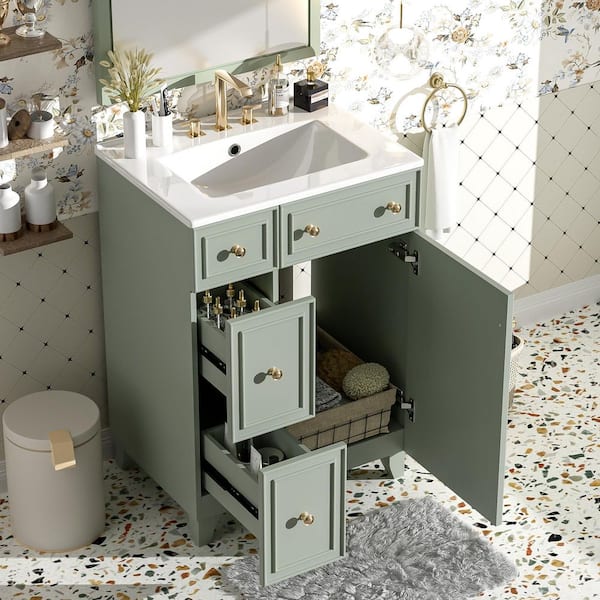 24 in. W x 18.3 in. D x 34.3 in. H Single Sink Freestanding Bath Vanity in Green with White Ceramic Top