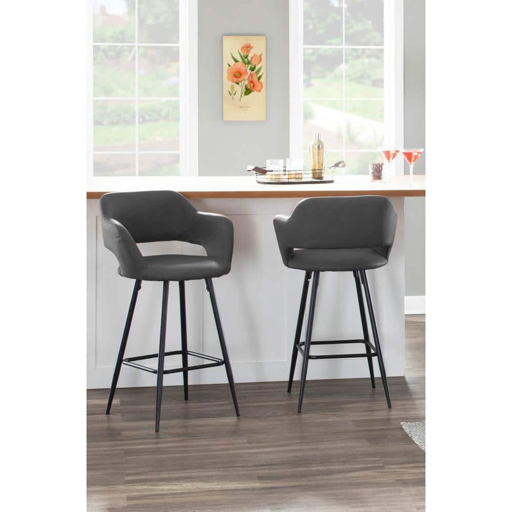 Set of 2 Gray Faux Leather Counter Stools with Black Metal Legs