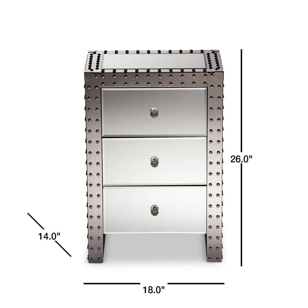 Azura Silver Mirrored 3-Drawer Nightstand with Nailhead Trim