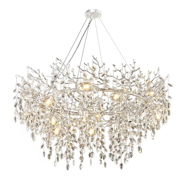48 in. 14-Lights Modern Branch Crystal Chandelier, Silver Dimmable Kitchen Island Chandelier, for Living Room Bedroom