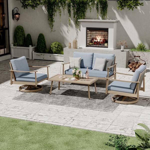 4-Person Aluminum Patio Conversation Set with 2 Swivel Chairs, Loveseat, Coffee Table and Blue Cushions