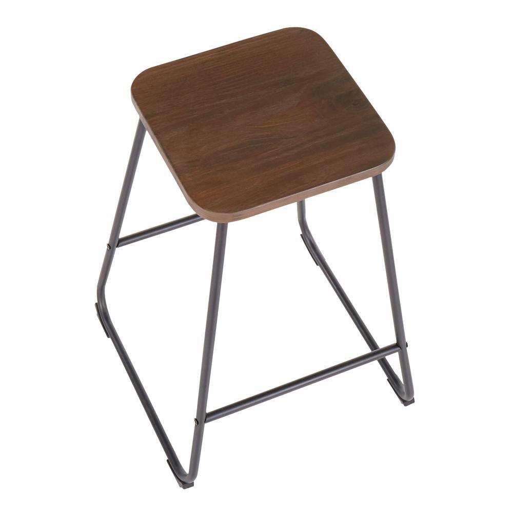 Industrial Black Metal and Espresso Wood Backless Counter Stools, Set of 2