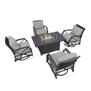 Novi 5-Piece Wicker Patio Conversation Set with Propane Gas Fire Pit Table Aluminum Frame Grey Chairs and Grey Cushions