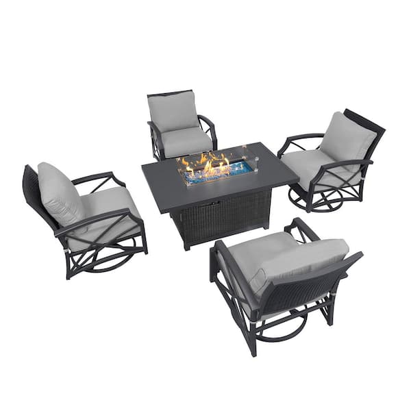 Kinger Home Novi 5-Piece Wicker Patio Conversation Set with Propane Gas Fire Pit Table Aluminum Frame Grey Chairs and Grey Cushions