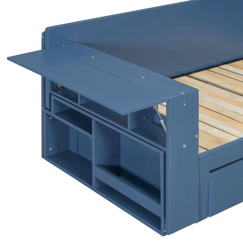 White Queen Size Daybed Convertible Platform bed with Removable Desk, Storage Drawer, Hydraulic Side Table - thumbnail 8