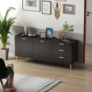 69 in. Black Wood 2-Door and 3-Drawers Storage Accent Cabinet With Metal Leg Storage Cupboard, TV Stand Buffet Sideboard