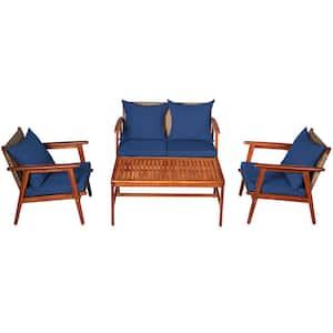 Black 4-Pieces Wicker Outdoor Patio Sectional Set with Navy Cushions
