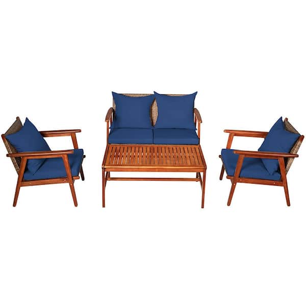 Costway Black 4-Pieces Wicker Outdoor Patio Sectional Set with Navy Cushions